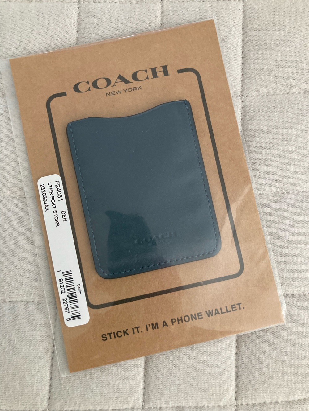Coach Leather Card Sleeve Holder in Slate Blue to Stick to Phone